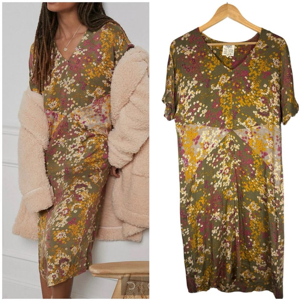 Anthropologie Tiny Shoreline Floral Midi Dress Womens Medium Earthy Silky Boho
